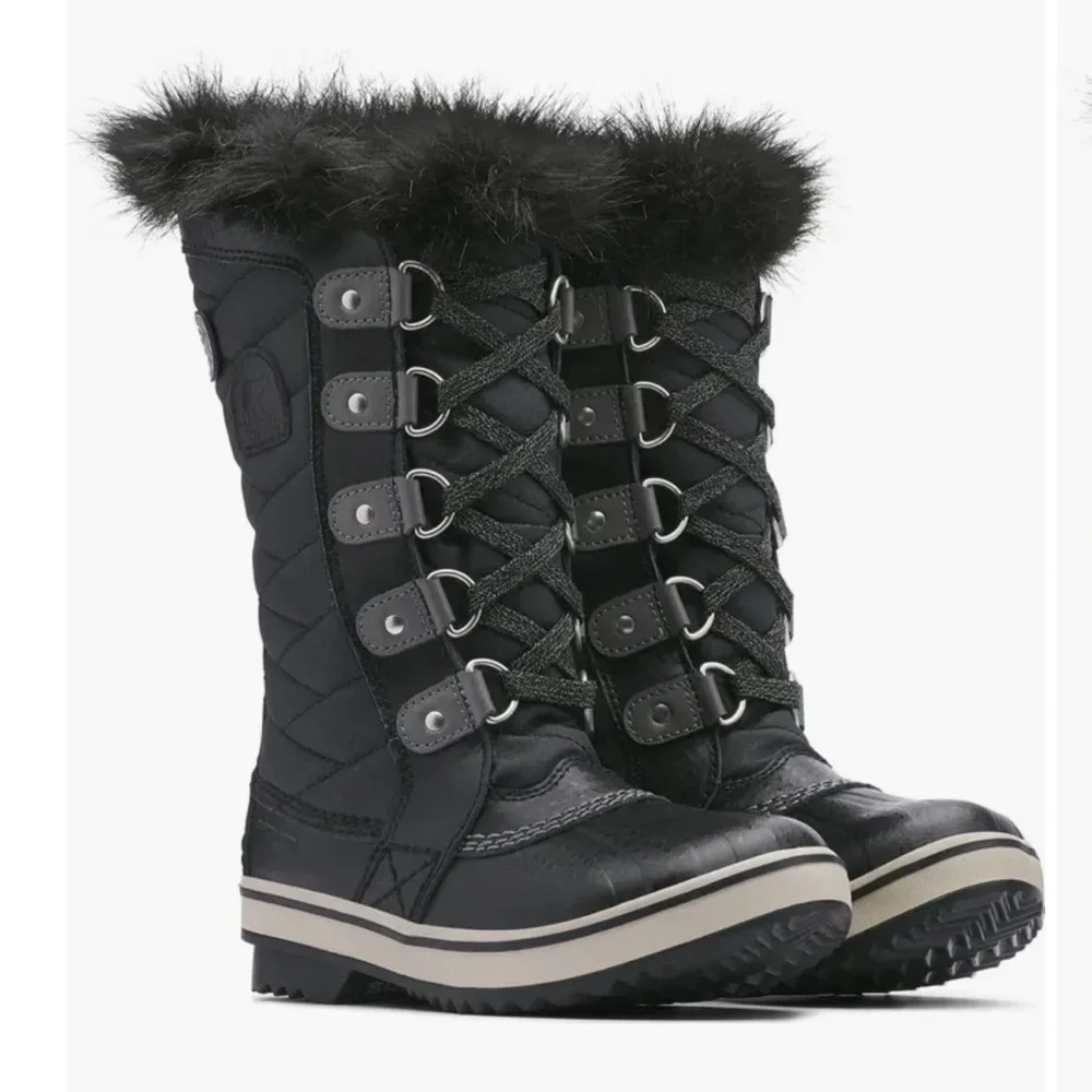 NWOT Sorel Kid's Tofino II Tall Hiking Boots with Faux Fur-Trim Black Quarry